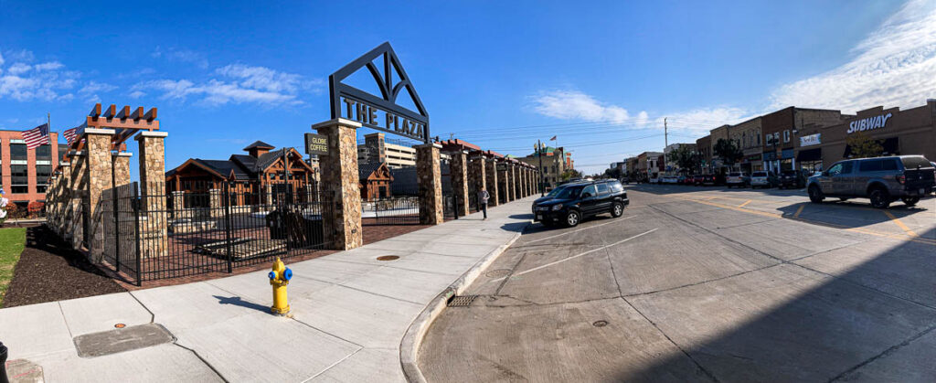 A panoramic view of the entrance gates to the Plaza at Gateway Park