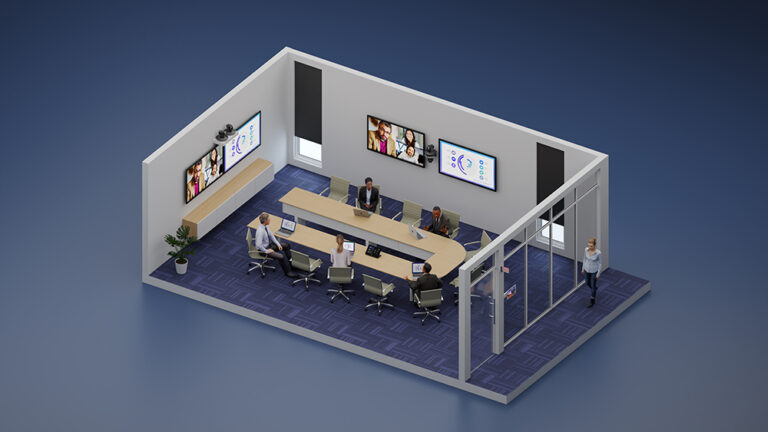 A rendering of a conference room utilizing full technology immersion.