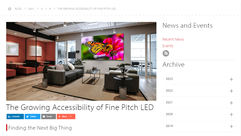 A screen shot of Planar's blog of the growing accessibility of fine pitch LED video walls