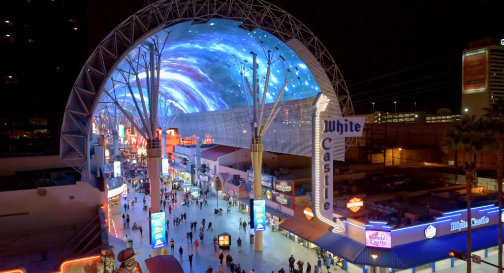 A screen shot of the video from Watchfire Signs which explores the installation of a direct view LED canopy in Las Vegas