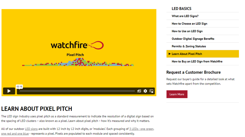 A screen shot of watchfire's video explaining what pixel pitch is