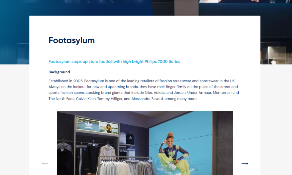 A screen shot of the Fooasylum case study from Phillips Professional Display Solutions about installing LED video walls in retail spaces