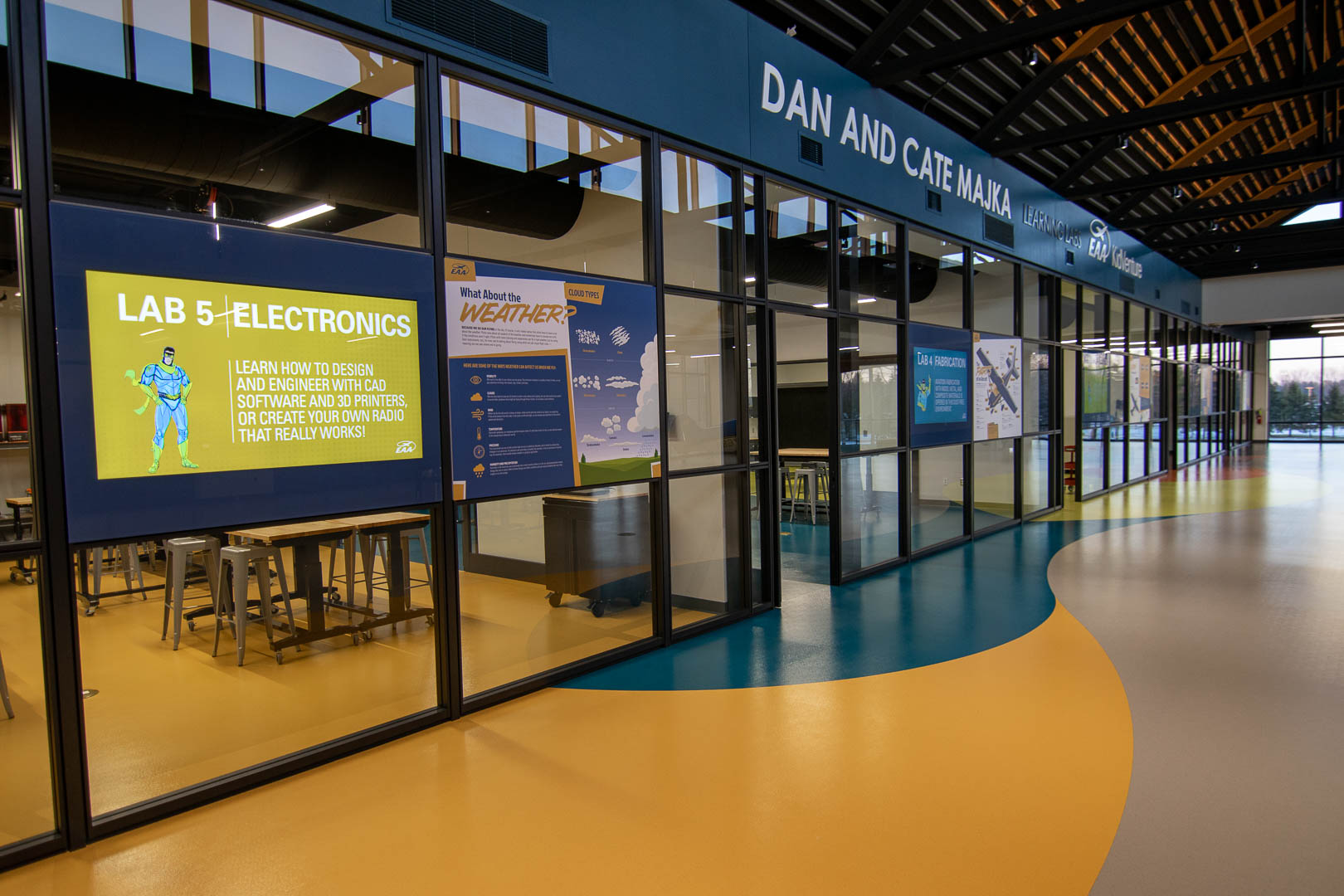 A few down the hallway of the hands on learning classrooms at the EAA education center. Digital signage displays the name of each room.